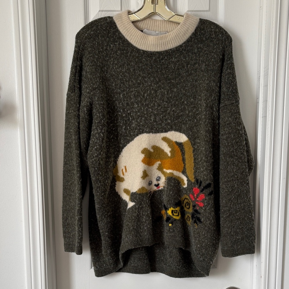 Cozy Cat Graphic Crewneck Sweater - Dark Olive with Cream Collar